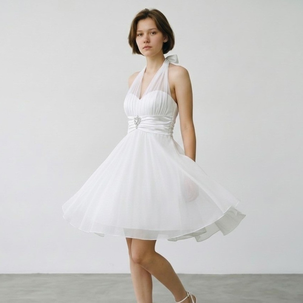 db studio Ethereal Romantic Dress Womens 4 White Halter Rhinestone Chiffon Bride